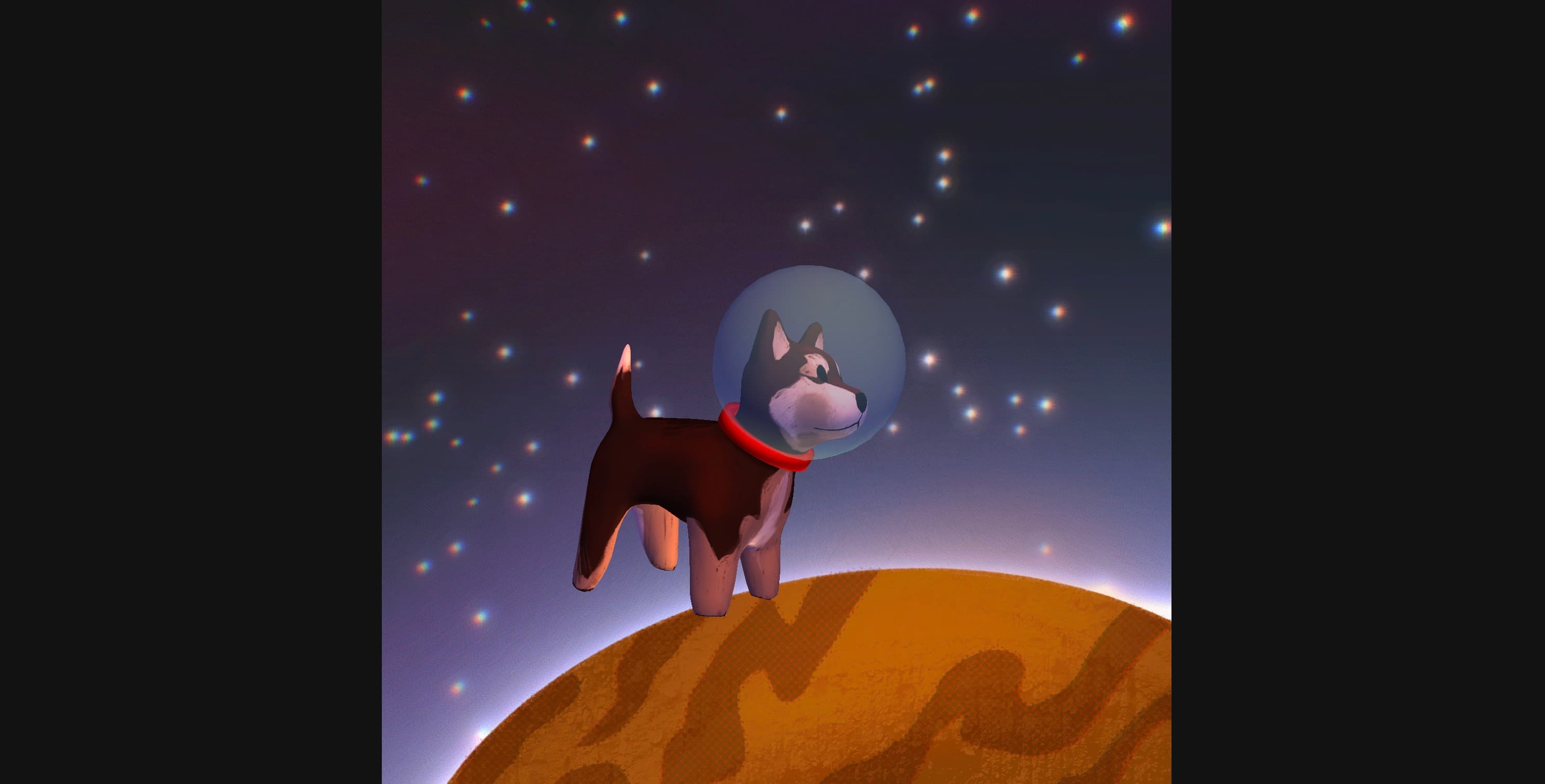 3D render of a cartoon dog with a space helmet floating against a starry background