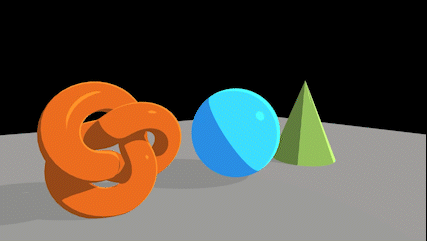 Animated image of an orange torus knot, a blue sphere, and a green cone demonstrating the toon shader effect.