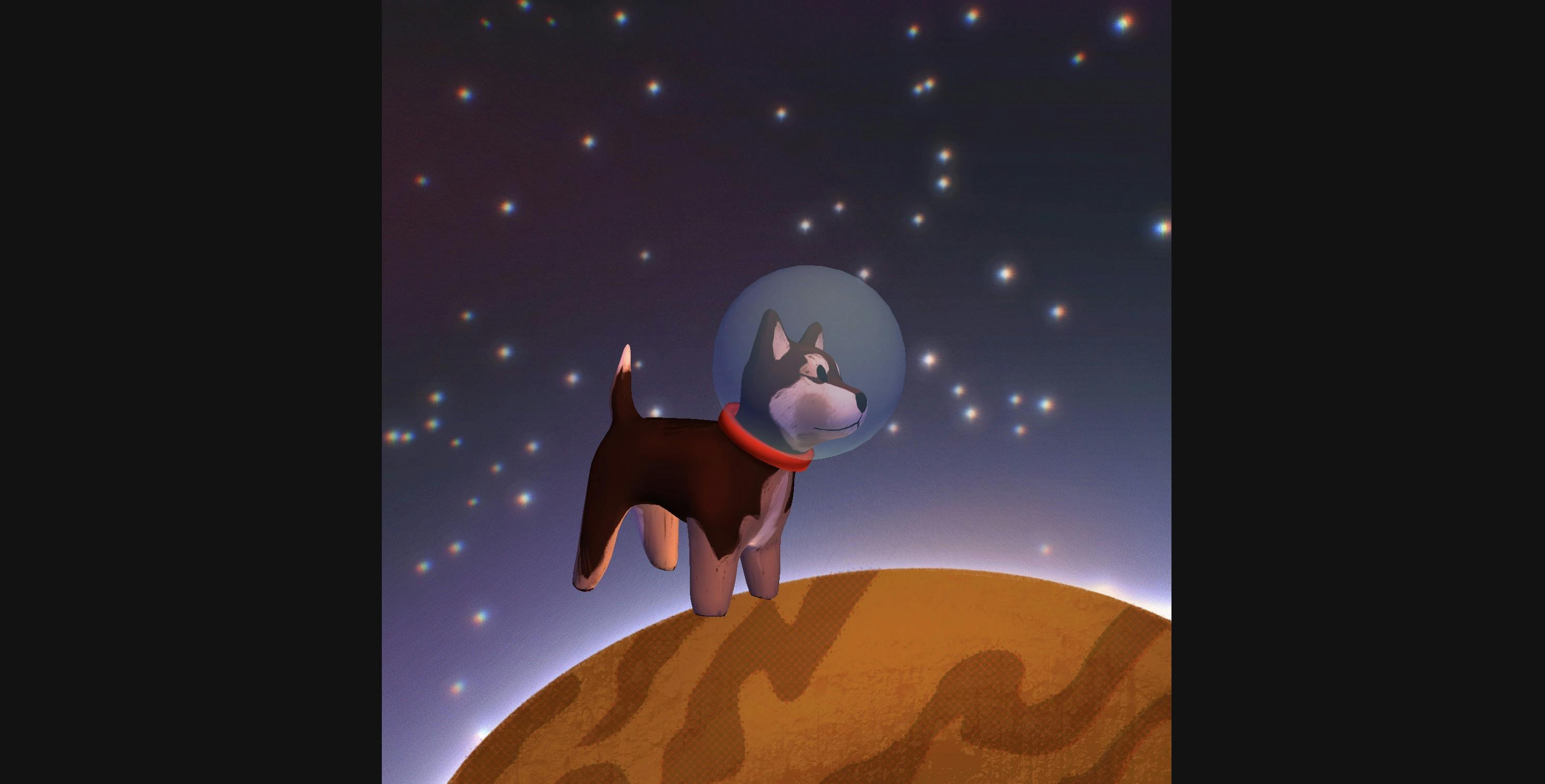 3D render of a cartoon dog with a space helmet floating against a starry background